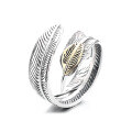 wholesale 925 Sterling Silver Vintage 3D Feather Design Cat's Eye Stone Inlaid / Leaf Symbol Unisex Ring-0-4