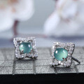 S925 Silver Inlaid Natural Weicui Blue Water Clover Stud Earrings-0-2