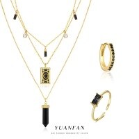 wholesale Sterling Silver S925 Tarot Necklace With Vintage Crystal Pendant, Black Zircon Ring And Earrings Set For Women-Black Gold Set-5-piece Combination Pack 925 Silver