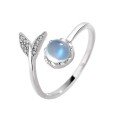 wholesale S925 Sterling Silver Mermaid Tail Women's Ring, Light LuxuryDesign Adjustable Index Finger Ring with Moonstone-0-4