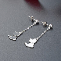 wholesale S925 Sterling Silver Minimalist Dainty Cat Earrings with Long Tassel Drop Ear Threaders-Cat Earrings 925 Silver