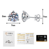 S925 Sterling Silver Moissanite Three-Prong Thread Earrings Wholesale-Stud earrings with moissanite  30 points + 30 points (4mm)