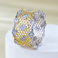 wholesale S925 Gold-Plated Silver Lace Ring, Mu Jing Jewelry New Wide Band Openwork Web Ring for Women, European and American Style-R640 Gold Lace Ring  Size 7
