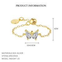 wholesale S925 Sterling Silver European And American Luxury Butterfly Zircon Ring For Women, French-style Geometric Design Chain Wholesale-K2082-Gold Adjustable opening