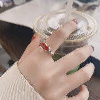 wholesale S925 Sterling Silver Geometric Inlaid Rectangular Red Agate Ring Vintage Palace Style Elegant Index Finger Ring-953FJ/approx. 2.5g Adjustable opening