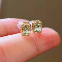 wholesale S925 Sterling Silver Square Green Tourmaline Stud Earrings, Simple Classic Versatile Exquisite Dewdrop Daily Commute-BE0007-Gold 925 Silver
