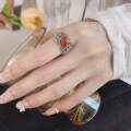 wholesale S925 Sterling Silver Cloud Pavilion Auspicious Cloud Flower Southern Red Agate Ring, Vintage Antique Style Adjustable Index Finger Ring with a Premium Feel-0-0