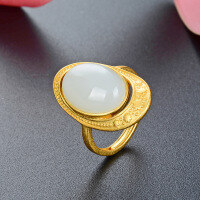wholesale S925 Sterling Silver Sand Gold Gemstone Ring for Women, Adjustable Opening Light Luxury Fashionable Personality Inlaid with Hetian Jade Jasper Ring for Index Finger-White jade ring 925 silver Adjustable opening