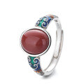 wholesale S925 Silver Retro Antique Style Cloud-Patterned Resin-Inlaid Southern Red Agate Cabochon Ethnic Design Adjustable Ring-0-5