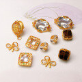 wholesale S925 gold-plated silver natural white crystal and smoky quartz double-loop square bow charm spacer bead for handcrafted DIY-0-0