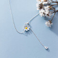 wholesale S925 Silver Fresh and Sweet Daisy Sunflower Collarbone Necklace with Elegant Round Diamond Fringe Chain D7275-0-1