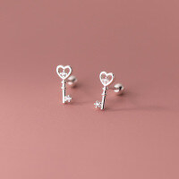 wholesale S925 Silver Korean Style Single Diamond Heart Key Stud Earrings Simple and Fresh with Threaded Ear Accessories M02747-S925 silver pair 925 silver