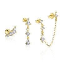 wholesale S925 Sterling Silver Light Luxury Geometric Tassel Earrings With Flash Zircons, Women's Fashion-Single three-piece set 925 silver