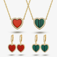 wholesale 925 Sterling Silver Heart Earrings for Women, Luxury High-End Ins Style Malachite and Red Agate Necklace Valentine's Day Set-Carnelian Heart Necklace - Gold &gt; 925 Silver