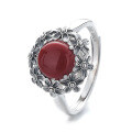wholesale S925 Sterling Silver Bohemian Floral Red Agate Adjustable Statement Ring for Women, Elegant and Versatile Index Finger Band-0-4
