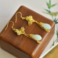 wholesale 925 silver gold-plated retro Chinese style jade earrings with hollow butterfly tassel and orchid design-0-2