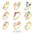 wholesale S925 Sterling Silver Adjustable Floral Ring with Colorful Zirconia, Elegant Nature-Inspired Design-0-1