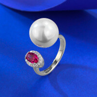 wholesale S925 Silver New Product 4*6 Pigeon Blood Red Zircon 12mm Pearl Openable Ring for Women Live Streaming-K002 Red Diamond Pearl Open Ring Adjustable opening
