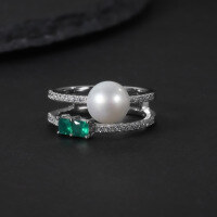 wholesale S925 sterling silver cross-border direct supply new fashion luxury natural freshwater pearl ring with gemstone inlay-Natural freshwater pearl + white zirconium  US size 9