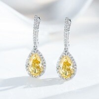 S925 Sterling Silver Teardrop High Carbon Diamond Earrings with Radiant Cut Icy Floral Design-Yellow Diamond - ED101  925 Silver