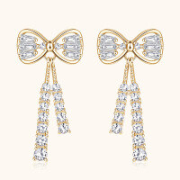 wholesale Sterling Silver Light Luxury High-End Bow Mosaic Moissanite Earrings for Women with Elegant Tassel Long Drop Full Stone Ear Accessories-White 925 silver