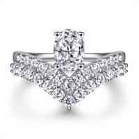 wholesale S925 Sterling Silver Plated with 18k Gold V-Shaped Double Row Teardrop Zircon Diamond Ring for Women-Platinum US size 6#