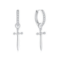 wholesale S925 Sterling Silver Dagger Ear Hoop Cross Zircon Ear Clasp Ins Light Luxury High-End European and American Cross-Border Jewelry-Silver 925 silver