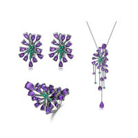 wholesale S925 Sterling Silver Designer High-End Luxurious Amethyst Jewelry Set with Ring, Earrings, and Pendant-ring