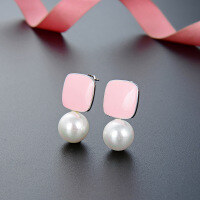 wholesale S925 Sterling Silver Retro Square Drop Glaze Pearl Earrings for Women, Autumn Winter Gentle Style, Small Unique Design, Light Luxury Stud Earrings-Pink earrings>925 silver