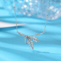 wholesale S925 Sterling Silver Minimalist Design Bow Wheat Chain Necklace for Women, Collarbone Chain with Luxurious Full Diamond Pendant and Engraving-0-3