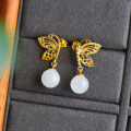 wholesale [Gold-Plated 925 Silver Butterfly Inlaid with Hetian Jade Earrings, Wholesale Palace Ancient Style 8mm Round Bead Jade Ear Drops]-0-5