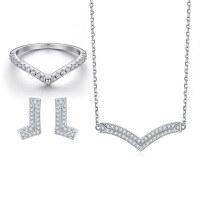 wholesale 925 Sterling Silver Three-Piece Jewelry Set with Single Row Diamond Zircon L Letter Stud Earrings, Heart-Shaped Love Ring, and Wheat Chain Necklace-Ring TL-229 + Earrings TLED088 + Necklace TLXL105  US Size 7#