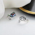 wholesale S925 Sterling Silver Retro Matte Craft National Tide Chinese Style Enamel Cloisonné Double-headed Lotus Adjustable Ring-0-0
