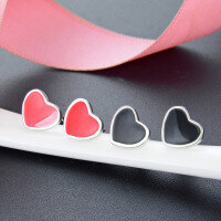 wholesale S925 Sterling Silver Black and Red Heart Stud Earrings, Korean Style Minimalist Niche Design Resin Enamel Drop Earrings Wholesale-003361-Black 925 Silver