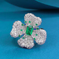 wholesale 925 Silver Four-Leaf Clover Petal 4*6mm Green Zircon Ring for Women, Elegant and Stylish Fashion Statement-0-0