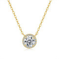 14K Gold Plated 925 Silver Full Halo Moissanite 1ct Round Pendant Necklace-0-3