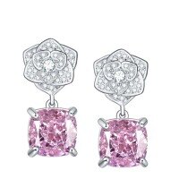 wholesale Metal material first, cloud with jewelry petite rose camellia inlaid pillow-shaped 8*8mm pink ice-cut high-carbon diamond earrings-8*8mm Ice Flower Cut 925 Silver