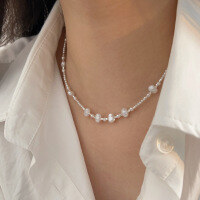 wholesale 925 Sterling Silver Swarovski Pearl Broken Silver Necklace Women's Korean New Ins Versatile Simple Elegant Collarbone Chain-Pure silver (40+5CM)