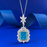wholesale S925 silver micro-paved Paraiba necklace for women, vintage-style pendant, European and American new jewelry collection-N117 Paraiba color>925 silver