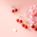 wholesale S925 silver red cherry earrings for women, Korean-style synthetic red garnet zirconia short earrings G8885-0-1