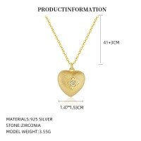 wholesale S925 Gold-plated Antique Brushed Heart Pendant Necklace For Women, Double-sided Inlaid Retro Luxury Choker-A4283_24K yellow 0.05 micron plating_swimming paint_palladium base 925 silver