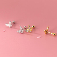 wholesale S925 silver butterfly thread stud earrings, Korean version minimalist and elegant, small and delicate, with diamond accents, sweet earrings M00331-S925 silver pair silver 925 silver