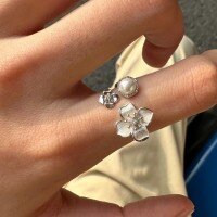 wholesale S925 Sterling Silver Minimalist New Chinese Style Floral Adjustable Open Ring with Shell Pearl and Frosted Textured Bloom-White gold Adjustable opening
