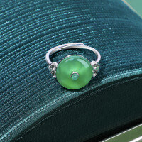 wholesale S925 Sterling Silver New Chinese Style Green Chalcedony Ring for Women, Modern National Trend Minimalist Design, Exquisite Peace Buckle, Unique and High-End Fashion Ring-Peaceful locket chalcedony ring/approximately 2.68g>JZ015899
