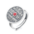 wholesale S925 Sterling Silver Retro Vintage Ethnic Style Shan Gui Cinnabar Red Stone Talisman Ba Gua Coin Adjustable Ring-0-5