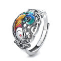 wholesale S925 Sterling Silver Retro Vintage Resin Koi Fish Ethnic Style Adjustable Open Ring Hollow Out Creative Elegant Index Finger Ring-0-4