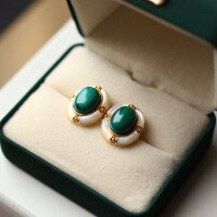 wholesale 925 Sterling Silver Plated with 18k Gold Vintage High-End Natural Malachite and Mother-of-Pearl Large Cabochon Earrings-Malachite and White Mother-of-Pearl Earrings