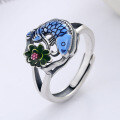 wholesale S925 Sterling Silver Vintage Enamel Resin Colorful Ethnic Lucky Carp Lotus Tassel Adjustable Ring-0-2