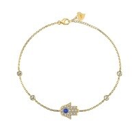 wholesale S925 sterling silver lightweight luxury Japanese-Korean women's bracelet with a unique small hand design, inlaid with blue zirconia, versatile evil eye bracelet-Gold DY150307-SG-WH>925 silver