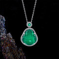 S925 Sterling Silver Zircon-Inlaid Green Chalcedony Maitreya Necklace-0-1